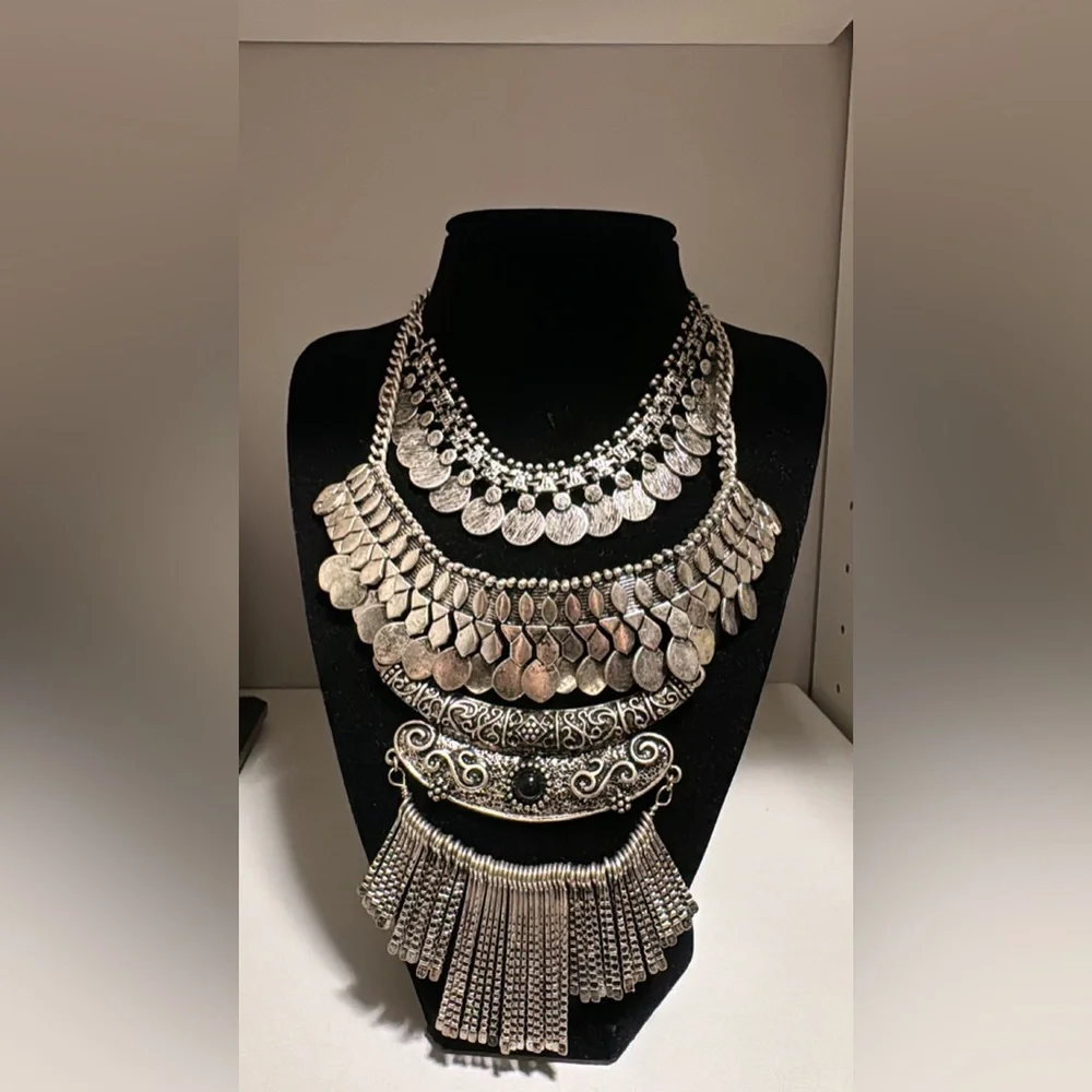 Boho layered Silver Statement Necklace - Picture 1 of 8
